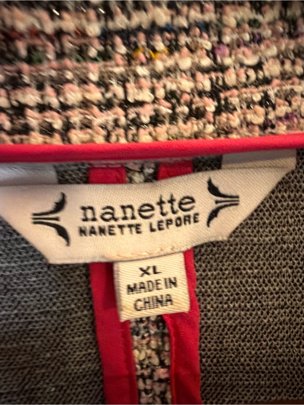 Nanette Lepore XL Boucle Tweed Blazer Jacket Pink Black Open Front Career Chic - Picture 6 of 8